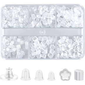 6 Styles Silicone Earring Backs for Studs, 600 Pieces Clear Soft Earring Backs Replacements Hypoallergenic Plastic Rubber Earring Backs Clutch Stoppers Kits for Fish Hook Hoops