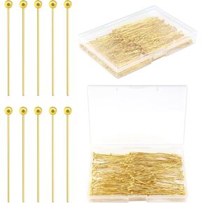 200PCS 50mm /2 Inch Eye Pins for Jewelry Making Head Pins Ball Pins, Yumttero Straight Pins for Jewelry Making Supplies Craft Bracelet Necklace Supplies-(Head Pins,Stainless Steel & Gold)