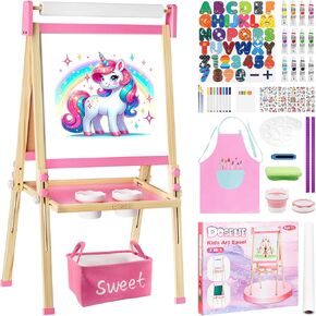 Easel for Kids,Adjustable Wooden Toddler Art Easels, Girls Toys for Ages 5-7,8-13,2-4, Magnetic White Board and Chalk Board with Art Supplies, 2 3 4 5 6 7 8 9 10 Year Old Girl Birthday Gift