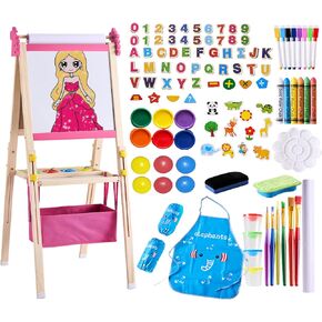 2-in-1 Double Sided Kid's Easel, Height-Adjustable Art Easel for Boys and Girls Ages 3-10, Including 100+ Accessories with Magnetic Chalkboard & Painting Board, Toddler Gifts