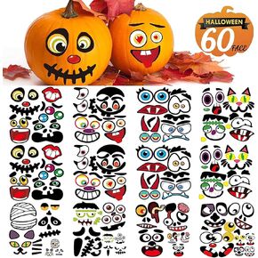 Halloween Pumpkin Stickers, Jake-O Lamp Surface Pumpkins Decorating Kit for Pumpkins and Squash, 60 Cute Emoticon Craft Party Favor, Creative Games Gifts for Halloween Party Supplies