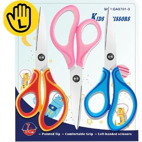 7" Real Left-Handed Kids Scissors Set of 3-pack,Kids Scissors Ages 8-10 8-12 8-16,Kids Craft Scissors with Pointed Tip Stainless Steel Blades and Soft Grip,Great for DIY, Arts, Home, School Classroom