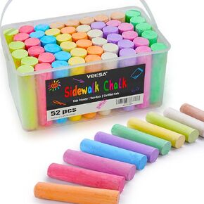 VEESA Sidewalk Chalk, 10 Colors in 52 pcs 4" x 1" Non-Toxic Jumbo Chalk, Colored Chalk Bulk for kids Adults, Draw on Chalkboard, Blackboard and Outdoor Playground