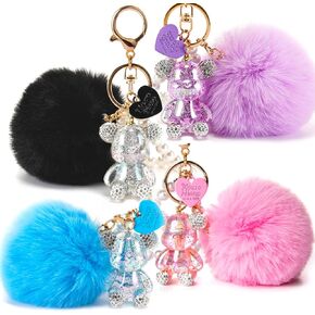 YOU WIZV Kawaii Cute Bear Keychain for Women, Bling Gummy Teddy Bear Pom Pom Key Chain Girly Wristlet Keychain for Backpack