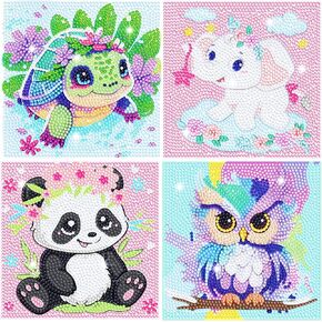 4 Pack Cartoon Diamond Art Kits for Kids, Crafts for Girls 8-12 Arts and Crafts for Kids Ages 4-8, 5D Cute Animals Diamond Art Painting for Adults Beginner, Gem Art for Home Wall Decor (6X6 inch)