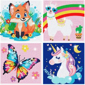 4 Pack Cartoon Diamond Art Kits for Kids, Crafts for Girls 8-12 Arts and Crafts for Kids Ages 4-8, 5D Cute Animals Diamond Art Painting for Adults Beginner, Gem Art for Home Wall Decor (6X6 inch)