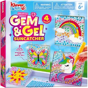 Klever Kits 4PCS Window Art, 2-in-1 Gems and Gels Suncatcher, 2 Ways to Play Diamond and Gels, Arts & Crafts Toys for Boys Girls, Christmas Birthday Gifts for Kids Age 6 and Up