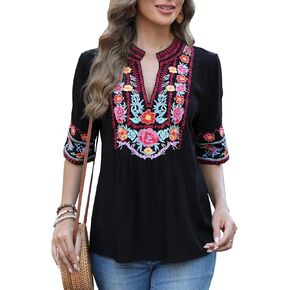 AK Women's Summer V Neck Boho Embroidered Mexican Shirts Short Sleeve Casual Tops Blouse