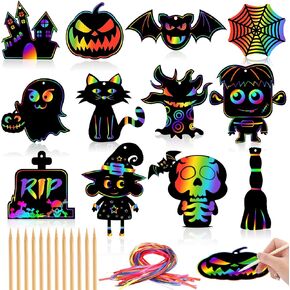 JULMELON Halloween Craft Kits, 48PCS Rainbow Magic Scratch Art Halloween Hanging Ornaments Halloween Crafts Scratch Paper Halloween Party Favors Games