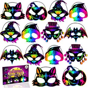 قناع الخدش من JMUQ Halloween Crafts للأطفال، 36 قطعة من ألعاب الهالوين مجموعة فن الخدش الفنية من ورق الخدش بألوان قوس قزح من أجل هدايا حفلات الهالوين ومستلزمات الفصول الدراسية وأنشطة الهالوين