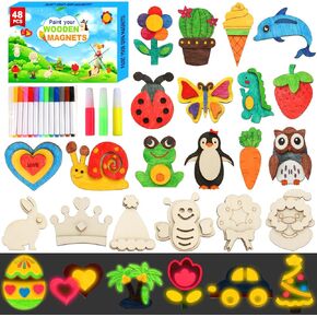Worgree 48 Pcs DIY Wooden Magnets, Wooden Art Craft Supplies Painting Kit for Kids Ages 4-8 8-12 Glow in The Dark Party Favors Goodie Bag Stuffers Birthday Gifts Toys for Boys Girls