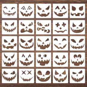 SAVITA 25 PCS 5.1''x5.1'' Halloween Plastic Pumpkin Face Stencils Large Reusable Halloween Drawing Templates Decorative Pumpkin Face Stencils for Painting Spraying Carving Wood Wall Door Glass Window