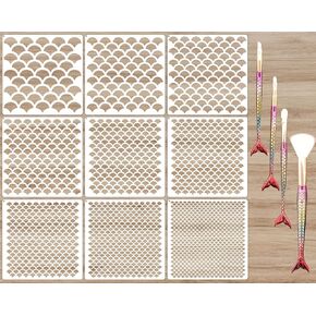 9 Pieces Mermaid Scale Stencil - Reusable Mermaid Face Makeup Stencils Fish Scale Templates and 4 Pcs Eye Makeup Brushes - Women Girl Cute Make Up DIY Tool Set