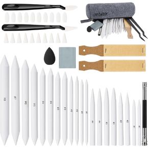 AGPTEK 48 PCS Sketch Drawing Tools, 20 Blending Stumps Set and 2 Sandpaper Pencil Sharpeners, Pencil Extension, Erasers,20 sponge replacement heads & 1 Felt Bag for Student Sketch Drawing Accessories