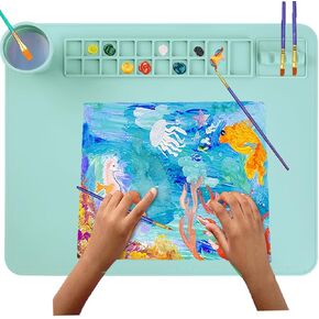 Silicone Painting Mat, 20"x 16" Silicone Art Mat with Cup, Kids Painting mat for Resin, DIY, Drawing Resin, Paint, Clay，Playdoh Large Craft Mat- Silicone Art Mat,Craft, (Blue)
