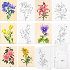 6 Pack 8x10 Inches Flower Pre Drawn Canvas to Paint for Sip and Paint Party, Pre Printed Framed Canvases Set, Floral Tulip Violet Pre Sketched Canvas for Painting for Adults Kids