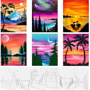 6 Pack 8x10 Inches Flower Pre Drawn Canvas to Paint for Sip and Paint Party, Pre Printed Framed Canvases Set, Floral Tulip Violet Pre Sketched Canvas for Painting for Adults Kids