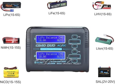 شاحن بطارية ليبو مزدوج RC LiPo AC150W DC240W 10A C240 ​​شاحن بطارية التوازن مفرغ لـ 1-6S LiPo Li-ion Life LiHV 1-15S NiCd NiMH PB بطارية ذكية RC سيارة in Kuwait
