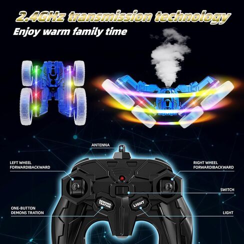 Remote Control Car, 360°Rotating 4WD RC Cars with Cool Spray, 2.4Ghz Double Sided RC Stunt Car with Cool Lights, RC Drift Car for Kids Toys Best Gifts for Boys Girls Age 4-6 7 8-13 Year Old in Saudi Arabia