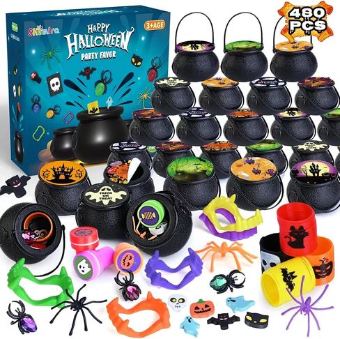 480 PCS Halloween Party Favors Bulk for Kids, 60 Pack Prefilled Witch Cauldrons with Halloween Toys, Halloween Goodie Bag Fillers, Halloween Party Supplies, Halloween Miniatures Novelty Toys in Kuwait