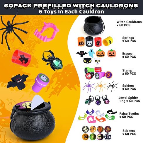 480 PCS Halloween Party Favors Bulk for Kids, 60 Pack Prefilled Witch Cauldrons with Halloween Toys, Halloween Goodie Bag Fillers, Halloween Party Supplies, Halloween Miniatures Novelty Toys in Kuwait