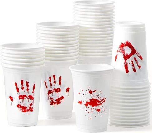 JOYIN 50 PCS Halloween Blood Print Cups Disposable, 12oz Hand Print Plastic Cups bulk, Party Favors for Party Supplies, Halloween Cups for Kids Party Decoration, Coffee, Juice Beverages Drinkware in Saudi Arabia
