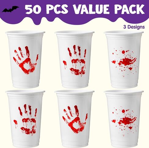 JOYIN 50 PCS Halloween Blood Print Cups Disposable, 12oz Hand Print Plastic Cups bulk, Party Favors for Party Supplies, Halloween Cups for Kids Party Decoration, Coffee, Juice Beverages Drinkware in Saudi Arabia