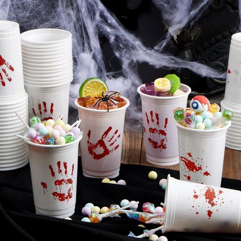 JOYIN 50 PCS Halloween Blood Print Cups Disposable, 12oz Hand Print Plastic Cups bulk, Party Favors for Party Supplies, Halloween Cups for Kids Party Decoration, Coffee, Juice Beverages Drinkware in Saudi Arabia