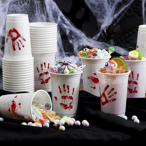 JOYIN 50 PCS Halloween Blood Print Cups Disposable, 12oz Hand Print Plastic Cups bulk, Party Favors for Party Supplies, Halloween Cups for Kids Party Decoration, Coffee, Juice Beverages Drinkware in Saudi Arabia