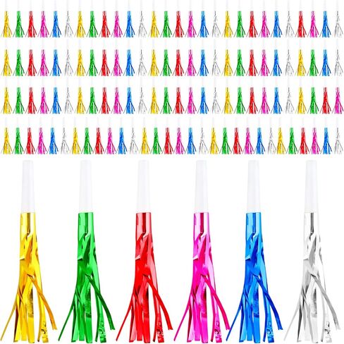 120 Pcs Glitter Bomb Noise Maker Gold Metallic Fringed Squawker Blowouts Silver Musical Blower Whistle for Birthday New Years Party Supplies Sporting Events Graduation (Gold) in Saudi Arabia