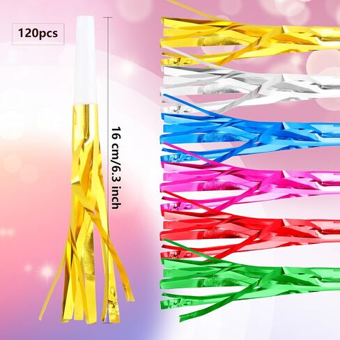 120 Pcs Glitter Bomb Noise Maker Gold Metallic Fringed Squawker Blowouts Silver Musical Blower Whistle for Birthday New Years Party Supplies Sporting Events Graduation (Gold) in Saudi Arabia
