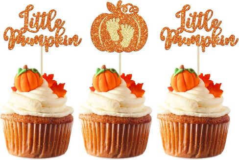 24Pcs Little Pumpkin Cupcake Toppers Glitter Pumpkin Cupcake Picks Little Pumpkin Baby Shower Decorations Fall Harvest Theme Baby Shower Kids Birthday Party Supplies in Kuwait