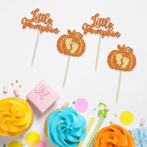 24Pcs Little Pumpkin Cupcake Toppers Glitter Pumpkin Cupcake Picks Little Pumpkin Baby Shower Decorations Fall Harvest Theme Baby Shower Kids Birthday Party Supplies in Kuwait