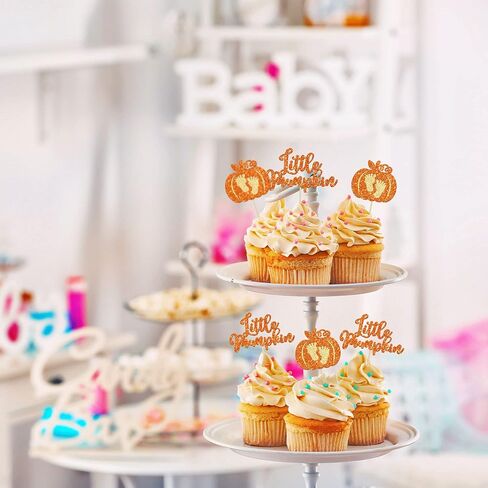 24Pcs Little Pumpkin Cupcake Toppers Glitter Pumpkin Cupcake Picks Little Pumpkin Baby Shower Decorations Fall Harvest Theme Baby Shower Kids Birthday Party Supplies in Kuwait