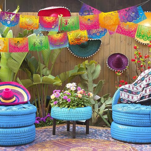 لافتات الحفلات المكسيكية DomeStar، 18 قدمًا من البلاستيك Fiesta Papel Picado Cinco de Mayo Dia De Los Muertos ديكور يوم الموتى لوازم الحفلات المكسيكية in Saudi Arabia