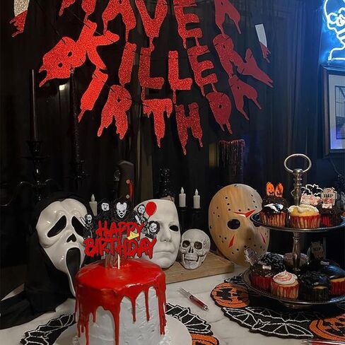 1 PCS Have a Killer Birthday Cake Topper Glitter Horror Classic Birthday Halloween Cake Pick for Bloody Horror Halloween Theme Birthday Party Cake Decorations Supplies in Kuwait