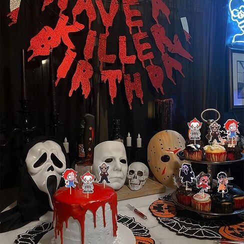 1 PCS Have a Killer Birthday Cake Topper Glitter Horror Classic Birthday Halloween Cake Pick for Bloody Horror Halloween Theme Birthday Party Cake Decorations Supplies in Kuwait