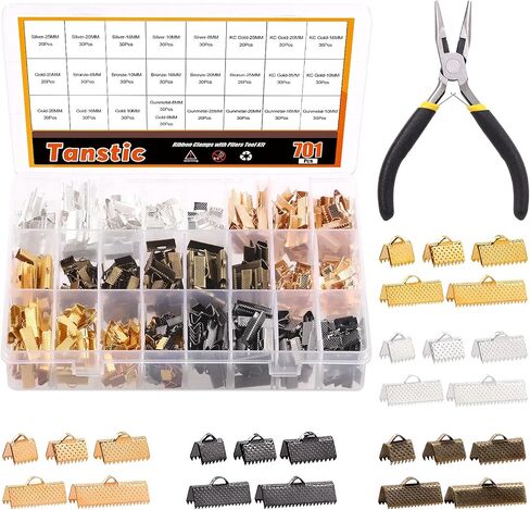 Tanstic 701Pcs Ribbon Ends with Pliers Set 5 Size 5 Color Ribbon Clamps Bookmark Pinch Crimp Cord Ends Fasteners Clasp Leather Crimp Ends Leather Ribbon Crimp Ends for Jewelry Making in Saudi Arabia