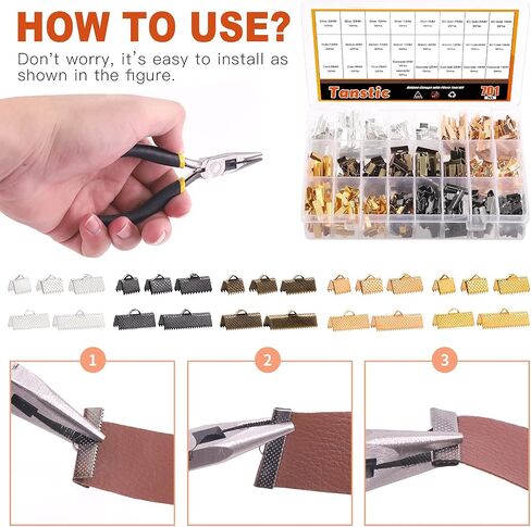 Tanstic 701Pcs Ribbon Ends with Pliers Set 5 Size 5 Color Ribbon Clamps Bookmark Pinch Crimp Cord Ends Fasteners Clasp Leather Crimp Ends Leather Ribbon Crimp Ends for Jewelry Making in Saudi Arabia