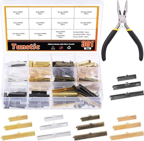 Tanstic 701Pcs Ribbon Ends with Pliers Set 5 Size 5 Color Ribbon Clamps Bookmark Pinch Crimp Cord Ends Fasteners Clasp Leather Crimp Ends Leather Ribbon Crimp Ends for Jewelry Making in Saudi Arabia