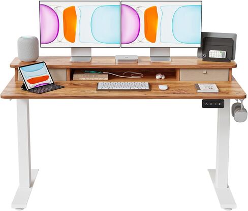 BANTI مكتب قائم كهربائي مقاس 40 × 24 بوصة مع أدراج مزدوجة، مكتب وقوف بارتفاع قابل للتعديل، مكتب مكتب منزلي للجلوس مع رف تخزين، سطح بني ريفي فاتح in Kuwait