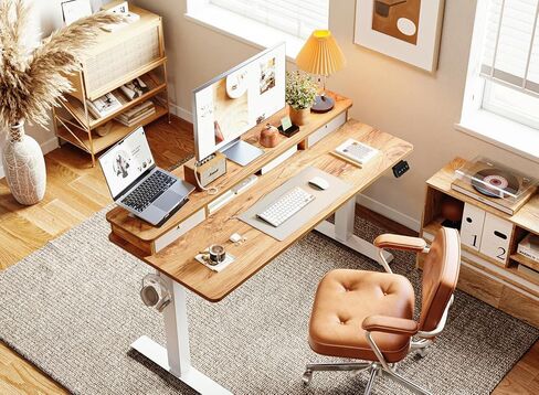 BANTI مكتب قائم كهربائي مقاس 40 × 24 بوصة مع أدراج مزدوجة، مكتب وقوف بارتفاع قابل للتعديل، مكتب مكتب منزلي للجلوس مع رف تخزين، سطح بني ريفي فاتح in Kuwait