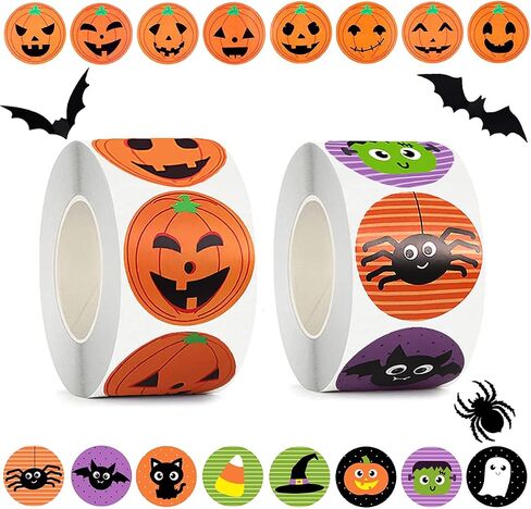 Halloween Stickers for Kids, 1000 Pcs Byhoo Halloween Pumpkin Bat Spider Stickers Roll, 16 Vibrant Colors and Designs, Round Seal Label Stickers, Envelope Seals Paster for Halloween Party Decorations in Kuwait