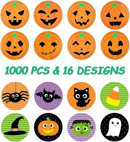 Halloween Stickers for Kids, 1000 Pcs Byhoo Halloween Pumpkin Bat Spider Stickers Roll, 16 Vibrant Colors and Designs, Round Seal Label Stickers, Envelope Seals Paster for Halloween Party Decorations in Kuwait