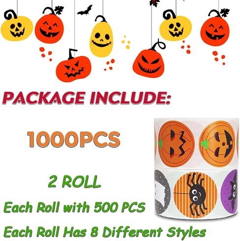 Halloween Stickers for Kids, 1000 Pcs Byhoo Halloween Pumpkin Bat Spider Stickers Roll, 16 Vibrant Colors and Designs, Round Seal Label Stickers, Envelope Seals Paster for Halloween Party Decorations in Kuwait