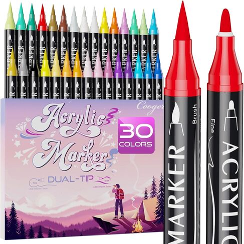 Coogert 30 Colors Dual Tip Acrylic Paint Markers, 1mm Fine Tip & Brush Tip in Kuwait