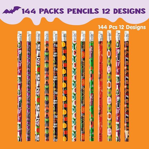 JOYIN 144 حزمة من أقلام الرصاص للهالوين مع ممحاة، مجموعة قرطاسية مكونة من 12 تصميمًا لجائزة هدايا الأطفال، أقلام رسم خشبية، لوازم هدايا حفلات الهالوين، حشوة أكياس الأشياء الجيدة in Kuwait