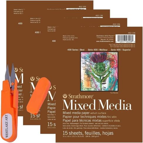 Strathmore Mixed Media Paper, 6.2 Oz - 400 Series Mixed Media Pad | Bundled with Embroidery Scissors, 6"X8" Heavyweight Paper, Versatile for Drawing, Painting, Collage, Ideal for Artists [Pack of 4] in Saudi Arabia