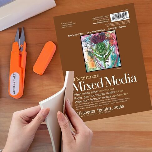 Strathmore Mixed Media Paper, 6.2 Oz - 400 Series Mixed Media Pad | Bundled with Embroidery Scissors, 6"X8" Heavyweight Paper, Versatile for Drawing, Painting, Collage, Ideal for Artists [Pack of 4] in Saudi Arabia