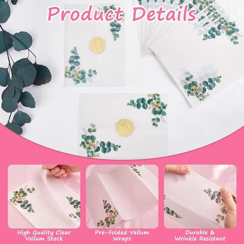 50 حزمة من السترات الرقيقة المطوية مسبقًا لدعوات 5 × 7، سترات شفافة من الورق الرقيق وبطانات مغلف ورقية مع نمط زهرة برية، ملصقات ذهبية لحفلات الزفاف وحفلات استقبال المولود الجديد وحفلات أعياد الميلاد in Kuwait